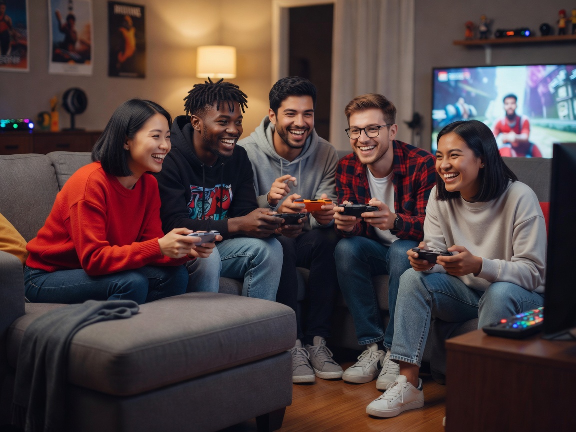 A cheerful gather of friends looking at gaming screens with pure positive expressions