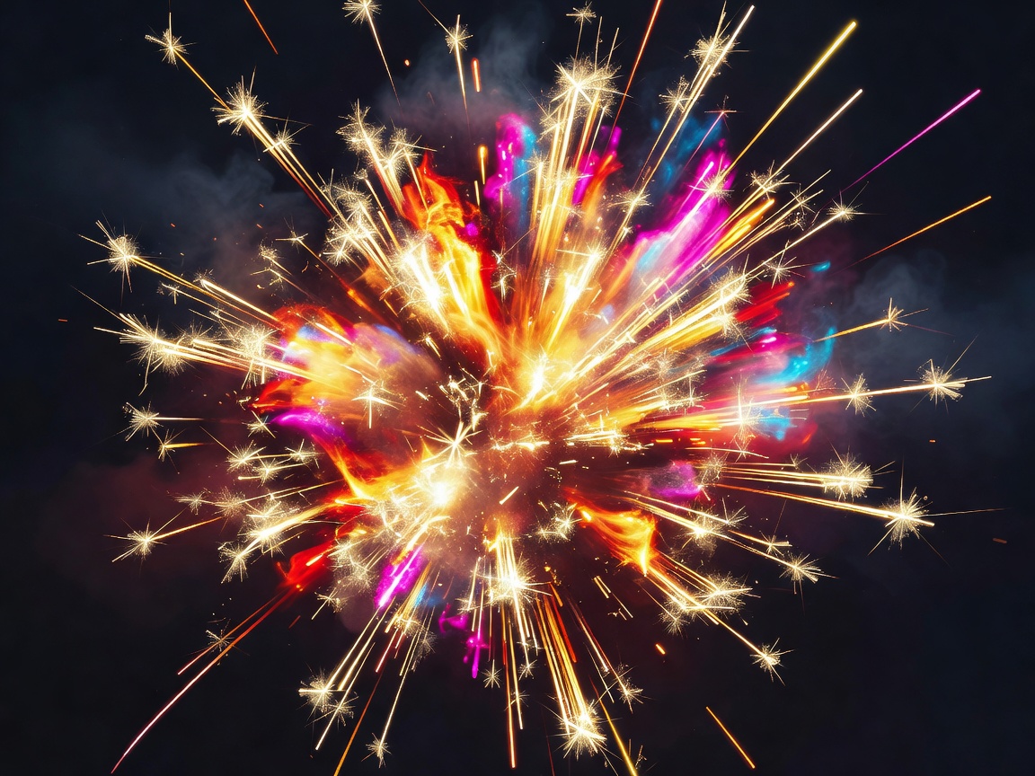 Beautiful abstract display of energetic sparks simulating cartoon explosions