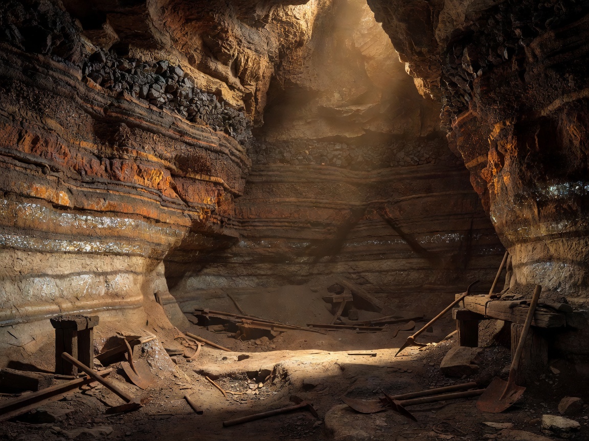 Deep rich earth cavern representing historical geologic mining ages and timelines