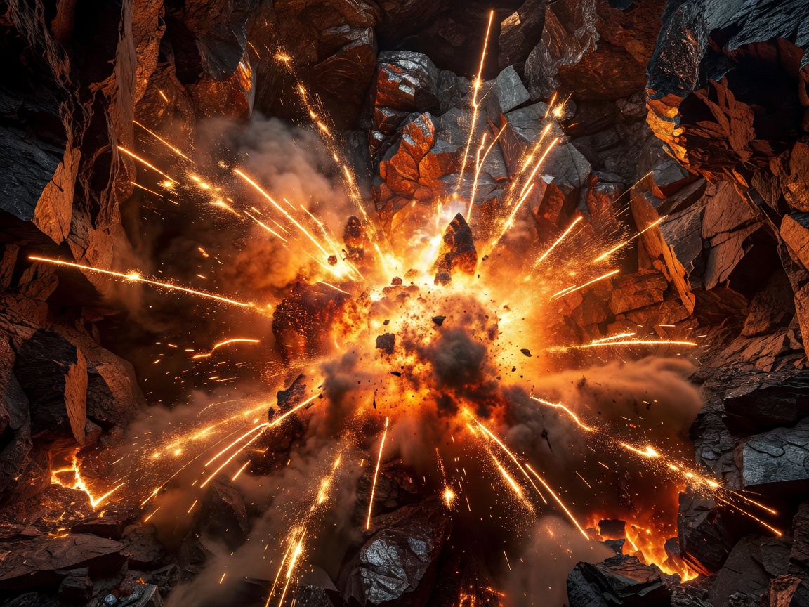 Exhilarating blast cavern rendering with dynamic warm fiery sparks and deep rock structures