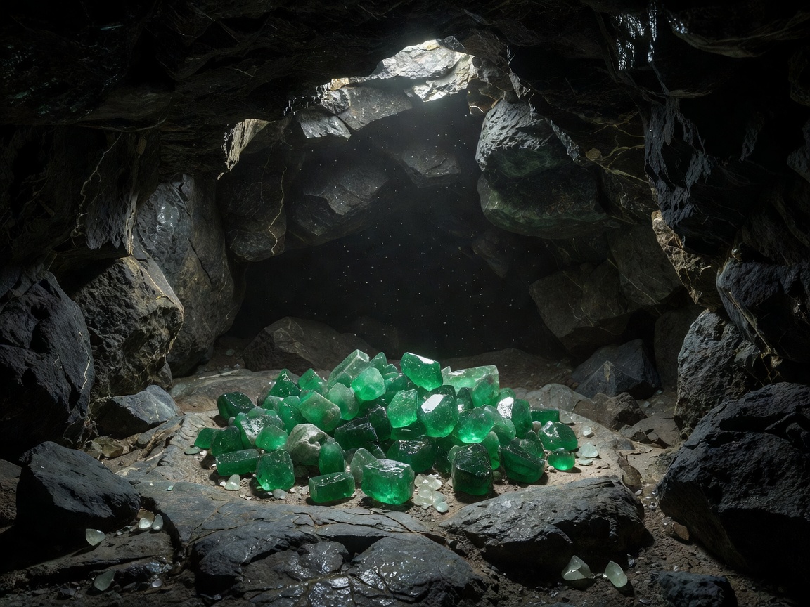 Glistening emerald treasures resting in a dark stone mine cavern