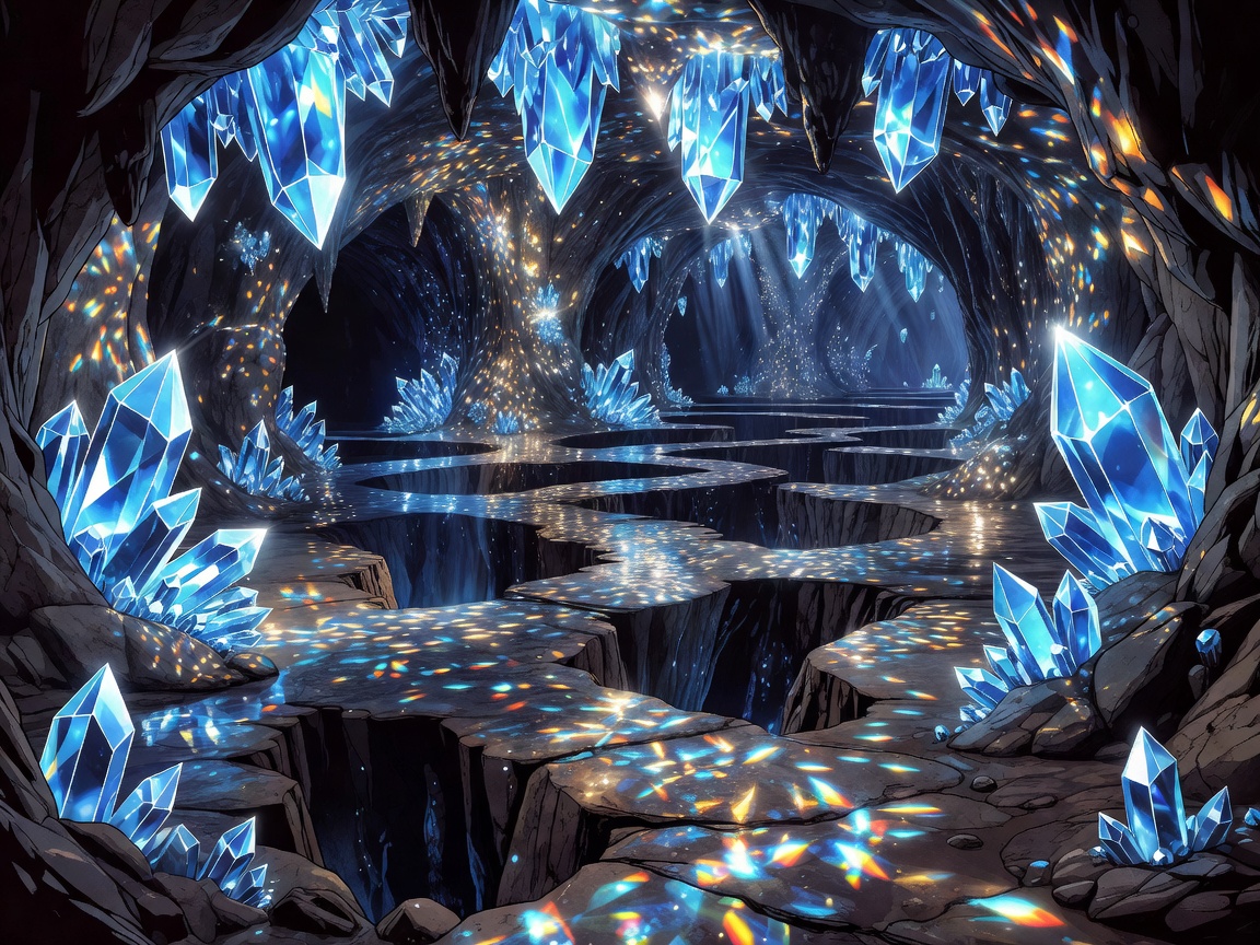 Lustrous cartoon cavern glittering with beautiful blue crystal diamond lights and deep pathways