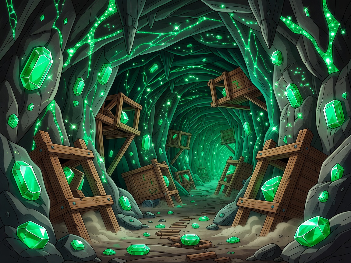 Vibrant cartoon illustration of an emerald-filled mine shaft with glowing green gems and wooden slot frames